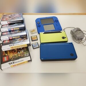 Nintendo white DS, blue 2DS (plays 3DS games), DSXL, 8 games, charging cord LOT